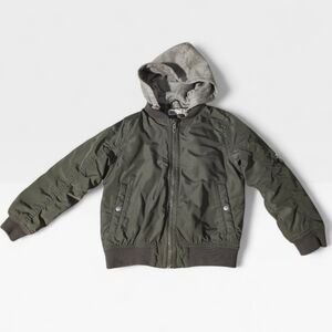 H&M Kids Olive Bomber Jacket 5T-6 Detachable Hood & Arm Zip Pocket